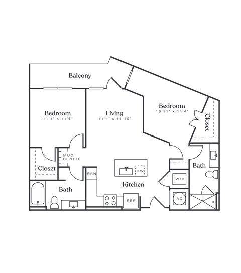 Floor plan for 2 beds, 2 baths, 988 sqft
